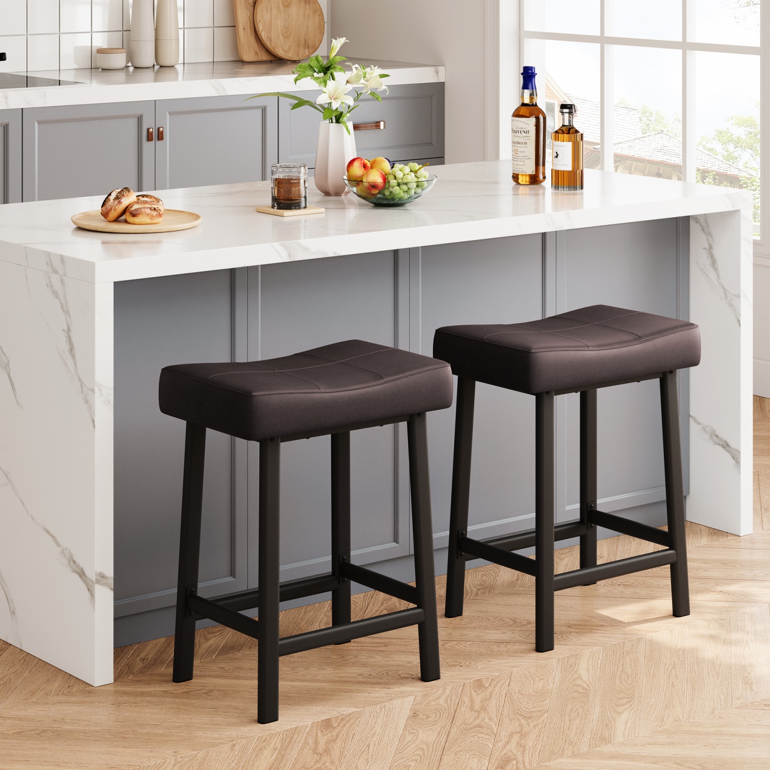 Bar Stools Set Of 2, Backless Saddle Bar Stools,61cm Counter Height Saddle Stools, PU Leather Counter Stools for Kitchen and Bar
