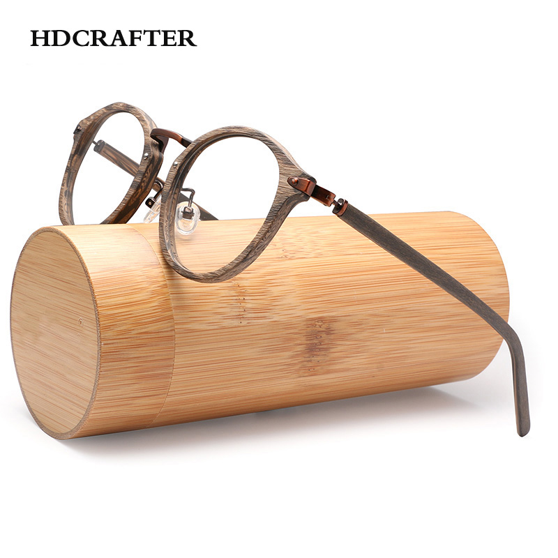 HDCRAFTER Resep Kacamata Rentang Untuk Pria dan Wanita Retro Bulat Kayu Optik Kacamata Bingkai dengan Jelas Lensa