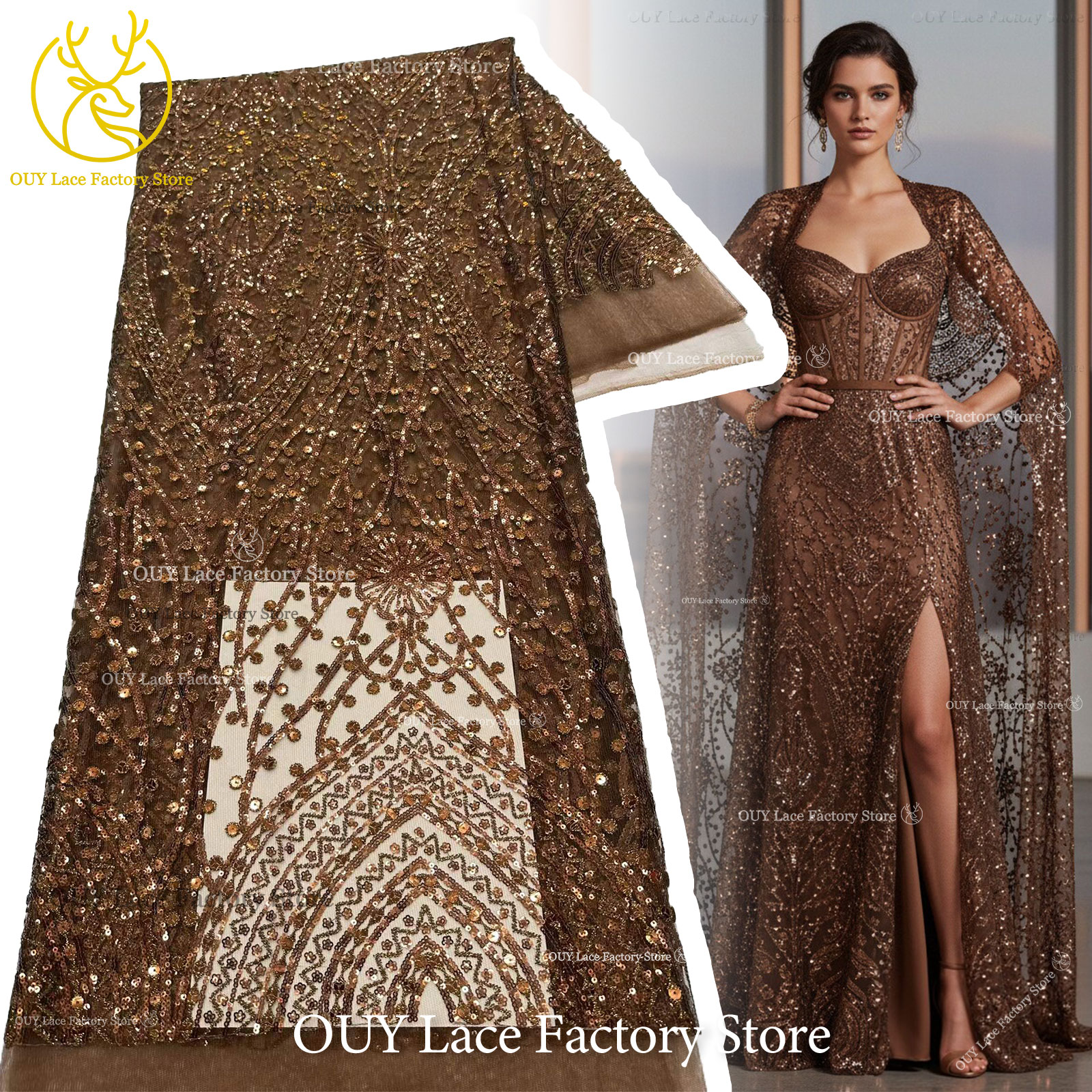 5 Yards Brown African Lace Fabric 2026 Nigerian Sequins Beaded Wedding Decoration Tulle Lace Fabric Bridal Party Dress Sewing