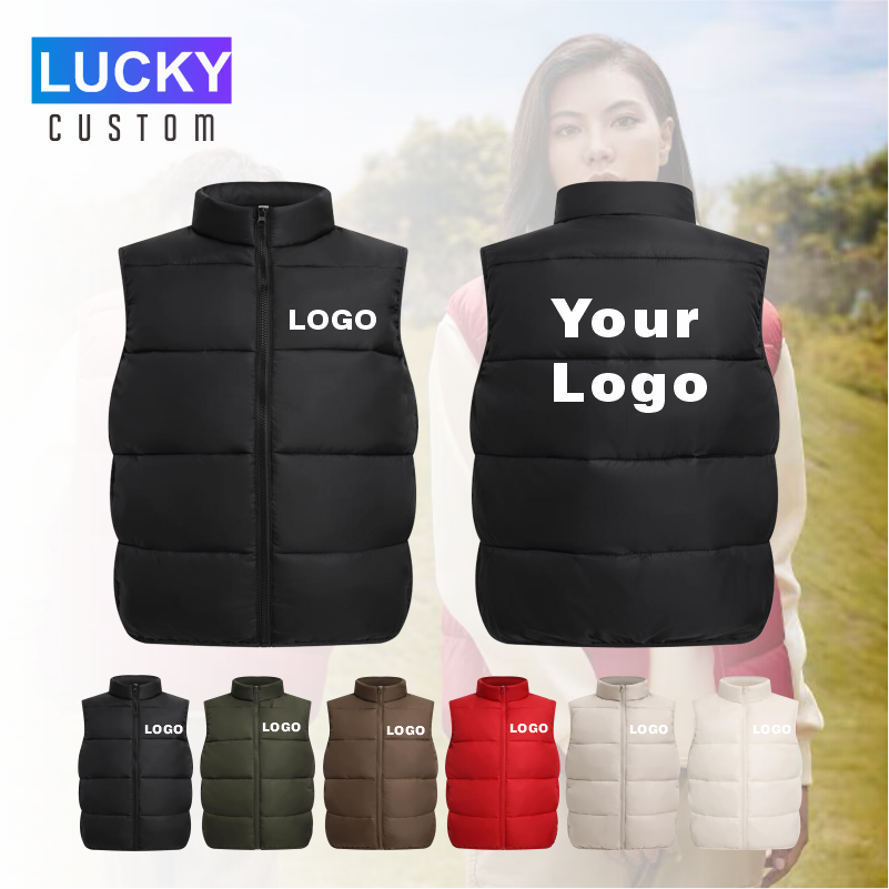 Logotipo personalizado casaco de inverno colete à prova de vento grosso gola alta diy para baixo algodão impressão empresa marca jaqueta sem mangas