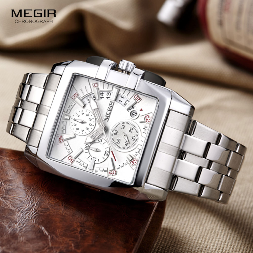 MEGIR-reloj analógico de acero inoxidable para hombre, accesorio de pulsera de cuarzo resistente al agua con cronógrafo, complemento masculino de marca de lujo con esfera luminosa de tres ojos, perfecto para negocios, 2018