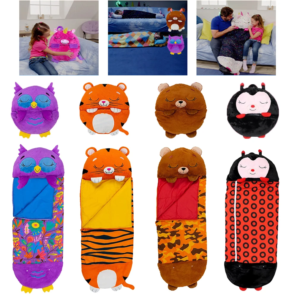 Saco de dormir de dibujos animados para niños con almohada para regalo de cumpleaños, saco de dormir cálido y cómodo de felpa, saco de dormir suave con animales para niños y niñas