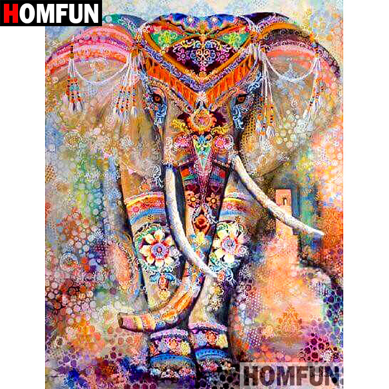 HOMFUN-pintura de diamante 5D DIY "elefante de Color", bordado de diamantes de imitación cuadrados o redondos, estilo punto de cruz, regalo para decoración del hogar, A07915