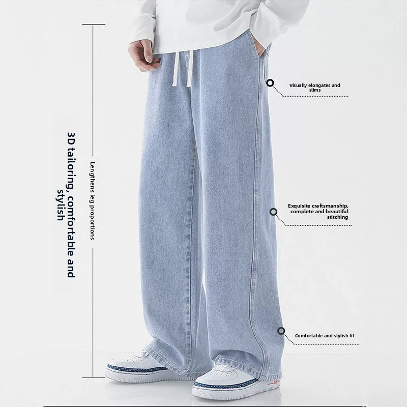 Retro Light Blue Men's Casual Wide Leg Jeans Vintage American High Street Sle Loose Straight Cut Denim Trousers for Teens
