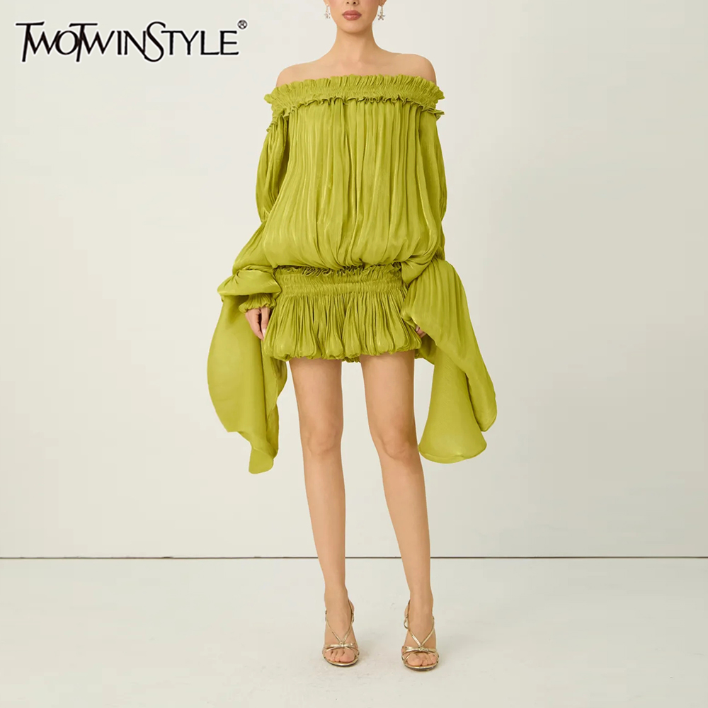 Vestido Holgado con Pliegues y Corte Irregular TWOTWINSTYLE para Mujer, Cuello Redondo, Manga Larga, Vestidos de Lujo para Mujer, Moda de Verano