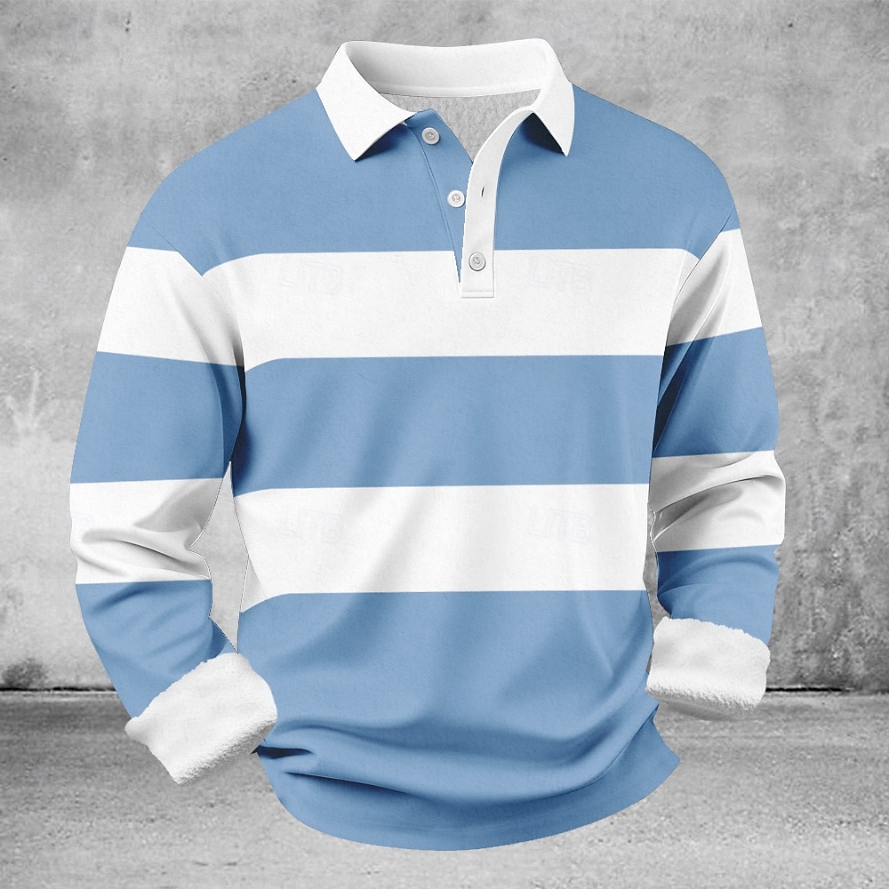 Camisa de Rugby Masculina de Manga Longa com Listras – Blusa com Gola Dobrável para Uso Diário, Encontros Casuais e Looks Relaxados de Fim de Semana