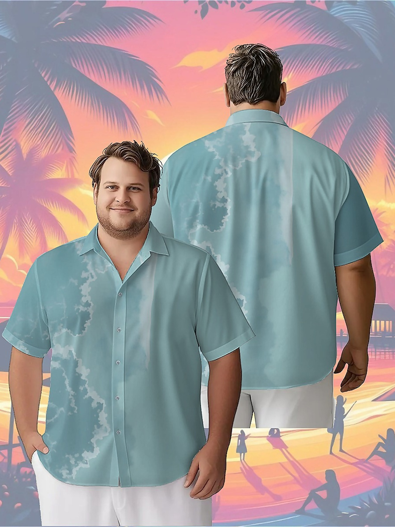 メンズプラスサイズアロハシャツブルーパターン、ユニセックスアロハシャツ、夏のトップスTシャツ、ストリートウェア