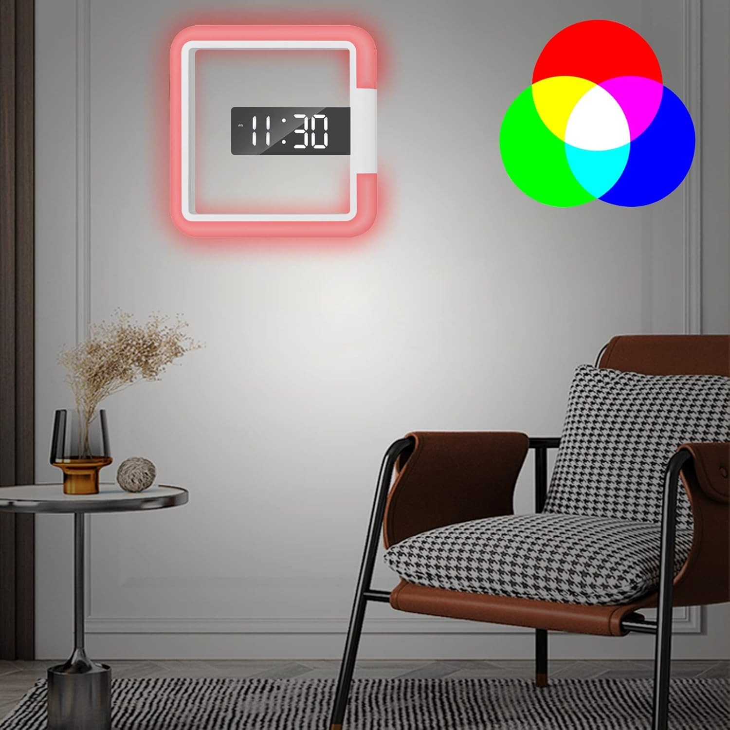 LED-wandklok, digitale 7-kleuren RGB-lichtwandklokken, digitale klok met afstandsbediening temperatuurdatum voor kamerverlichting
