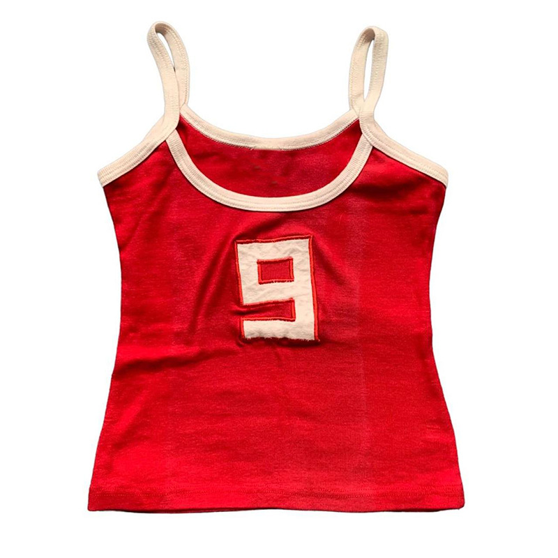 เสื้อครอปถักแขนกุดสีแดง9ตัวสำหรับผู้หญิงเสื้อกล้ามแนววินเทจเปิดหลังสายเดี่ยวลำลองสำหรับ2024เย็บปะต่อรุ่นพื้นฐาน Y2k