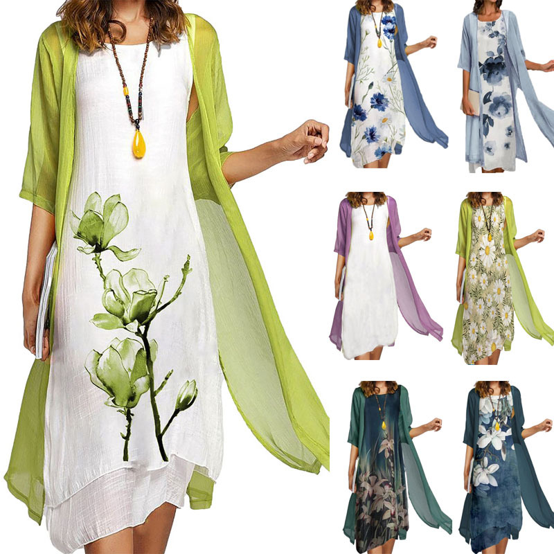 2025 neu! Eu-us Sommer-Set für Damen, lässig, Eleganz, 2, bedruckt, Rundhalsausschnitt, lockeres Kleid, Pullover, Mantel