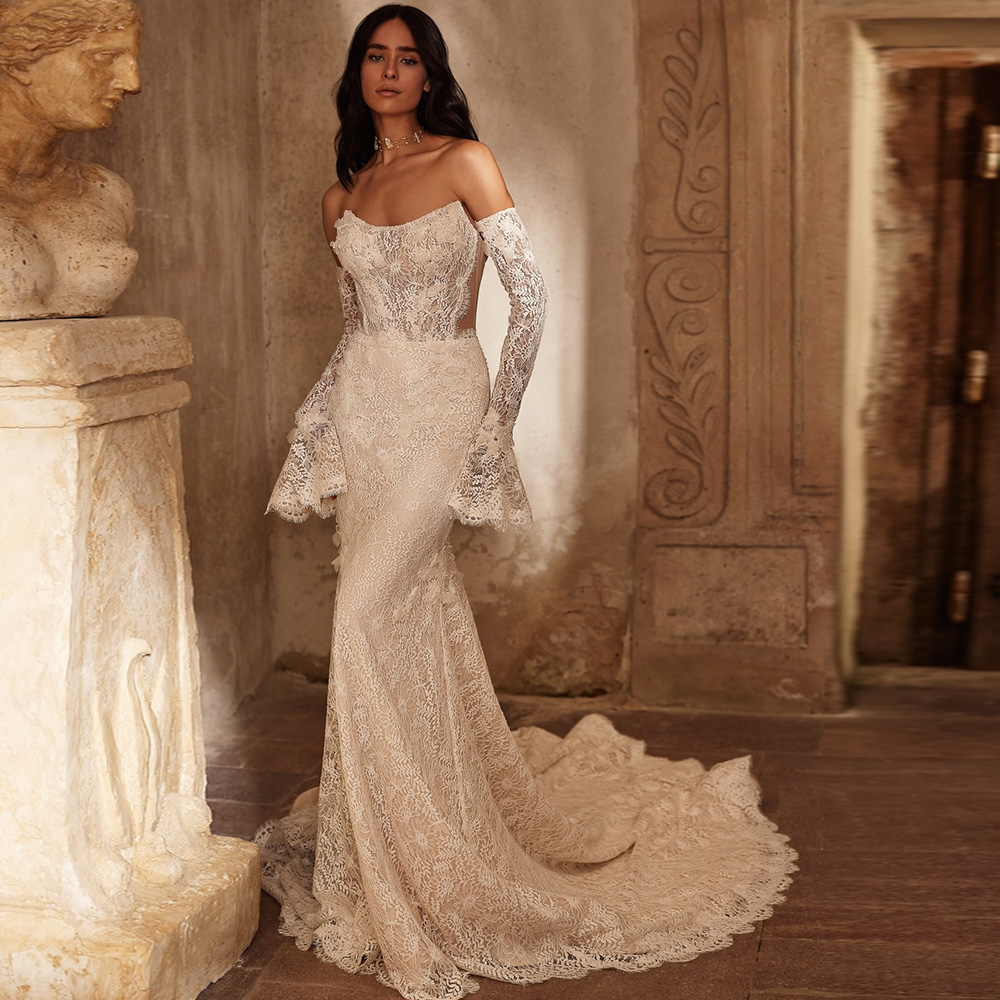 Vestido de Noiva Sereia Sem Mangas Personalizado com Apliques Delicados e Renda, Vestido de Casamento com Flores Feitas à Mão, Robe de Mariée