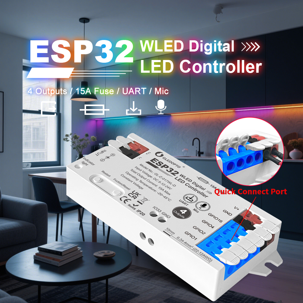 ESP32 WLED-Streifen-Controller, 4-Kanal-Ausgang, 15 A, Sicherungseinsatz, Level Shifter, UART-Download, DIY dynamischer Beleuchtungsmodus, Sprachsteuerung