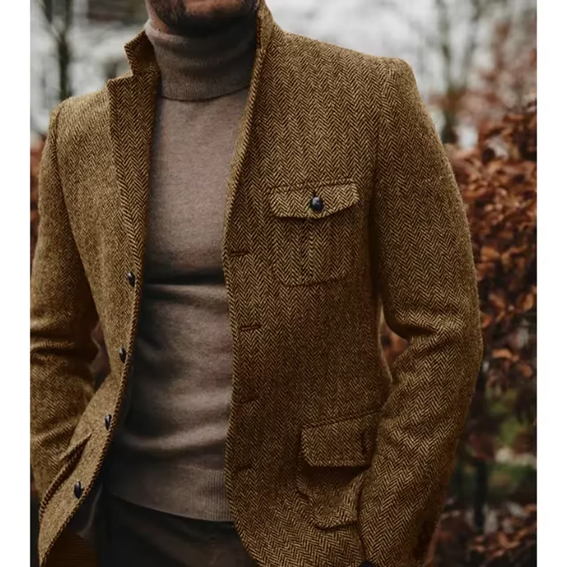 Blazer de tweed con diseño de espiga para hombre, solapa con muescas, múltiples bolsillos, mezcla de lana, chaqueta de traje, estilo vintage, informal de negocios, para otoño e invierno