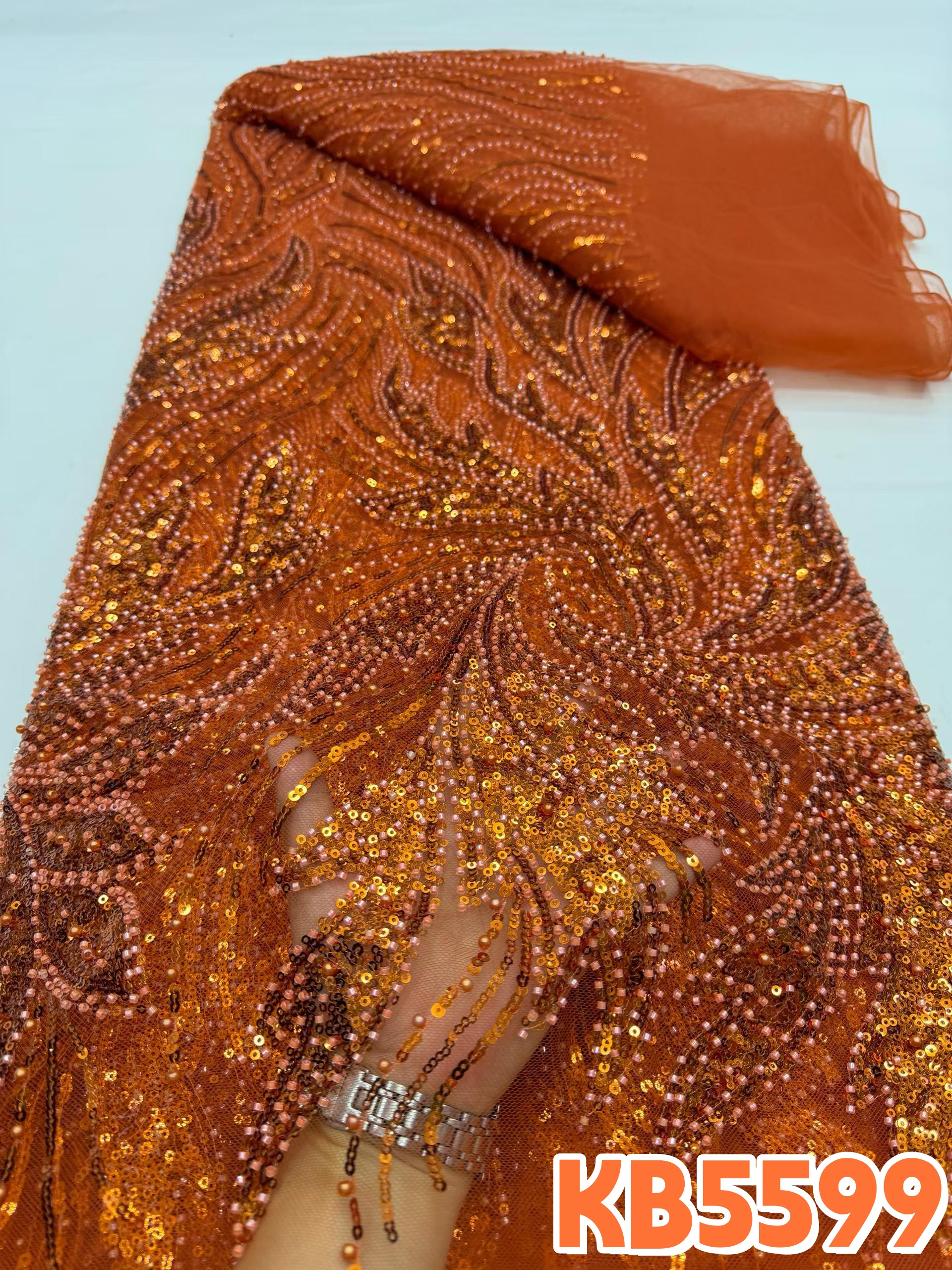 YLS Burnt Orange Beaded Lace Fabrics African Lace Fabric 5 Yards High Quality 2026 French Mesh With Sequence for Sewing KB5599