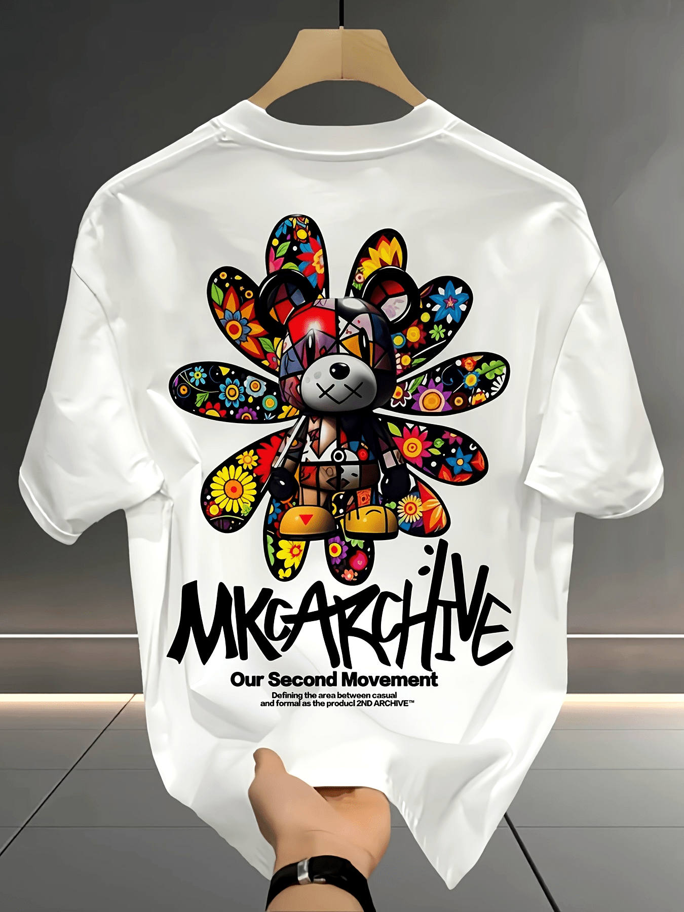 Kaos Grafis Beruang Bunga Matahari Warna-warni dengan Huruf Tebal 100% Katun Kaos Pria Musim Panas Atasan Kasual yang Menarik