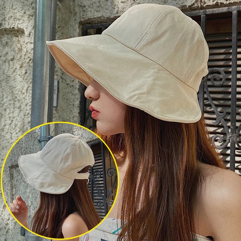 Topi Wanita Musim Panas Bahan Katun Model Bucket dengan Lubang Kuncir, Topi Pantai Outdoor, Pelindung Matahari yang Dapat Disesuaikan, Warna Solid, Topi Panama Lipat, Topi Nelayan