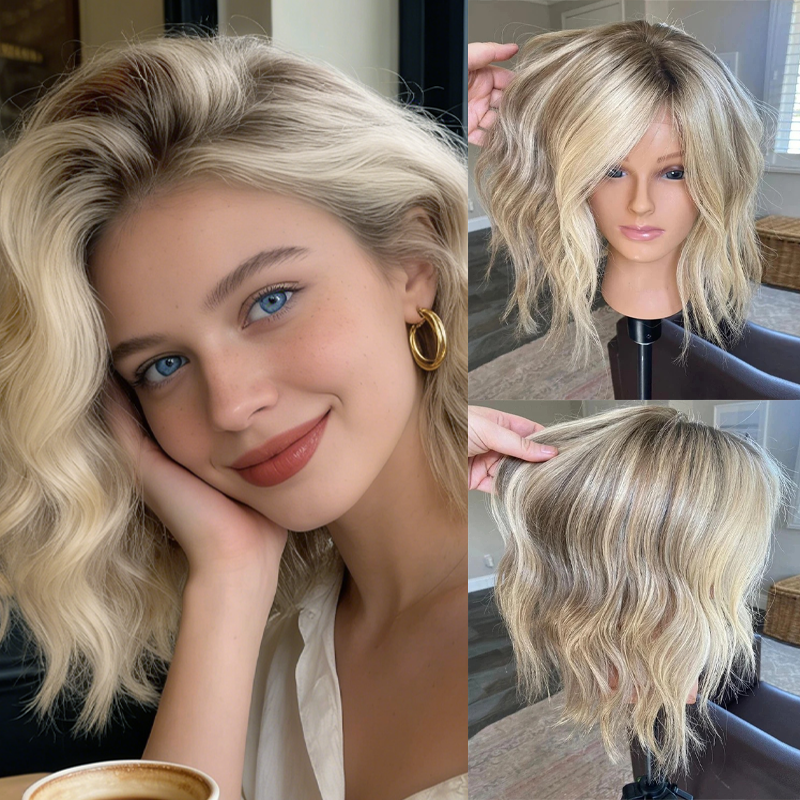 Peluca con malla frontal realista de fibra de calor alta, reflejos rubio ceniza, pelucas de encaje HD para mujeres, peluca ondulada Bob corta sin pegamento 13x4 para pérdida de cabello