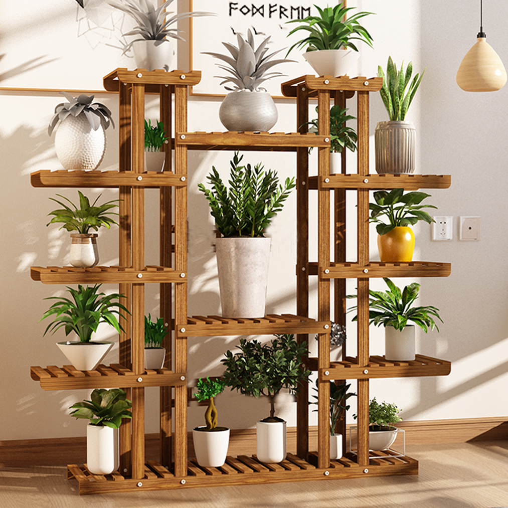 Großer 11-stufiger Pflanzenständer aus karbonisiertem Holz, hochverbreiterter Topfregalhalter, Blumenladen, Büro, Garten, drinnen und draußen