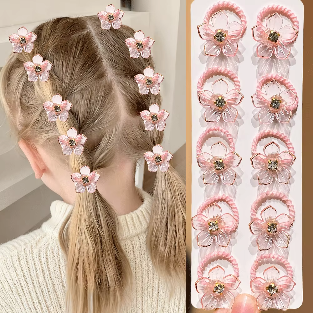 10 stuks elastische haarbanden voor meisjes met strass- en bloemdecoraties, hoge elasticiteit, duurzame haarbanden voor buitenshuis en vlechten