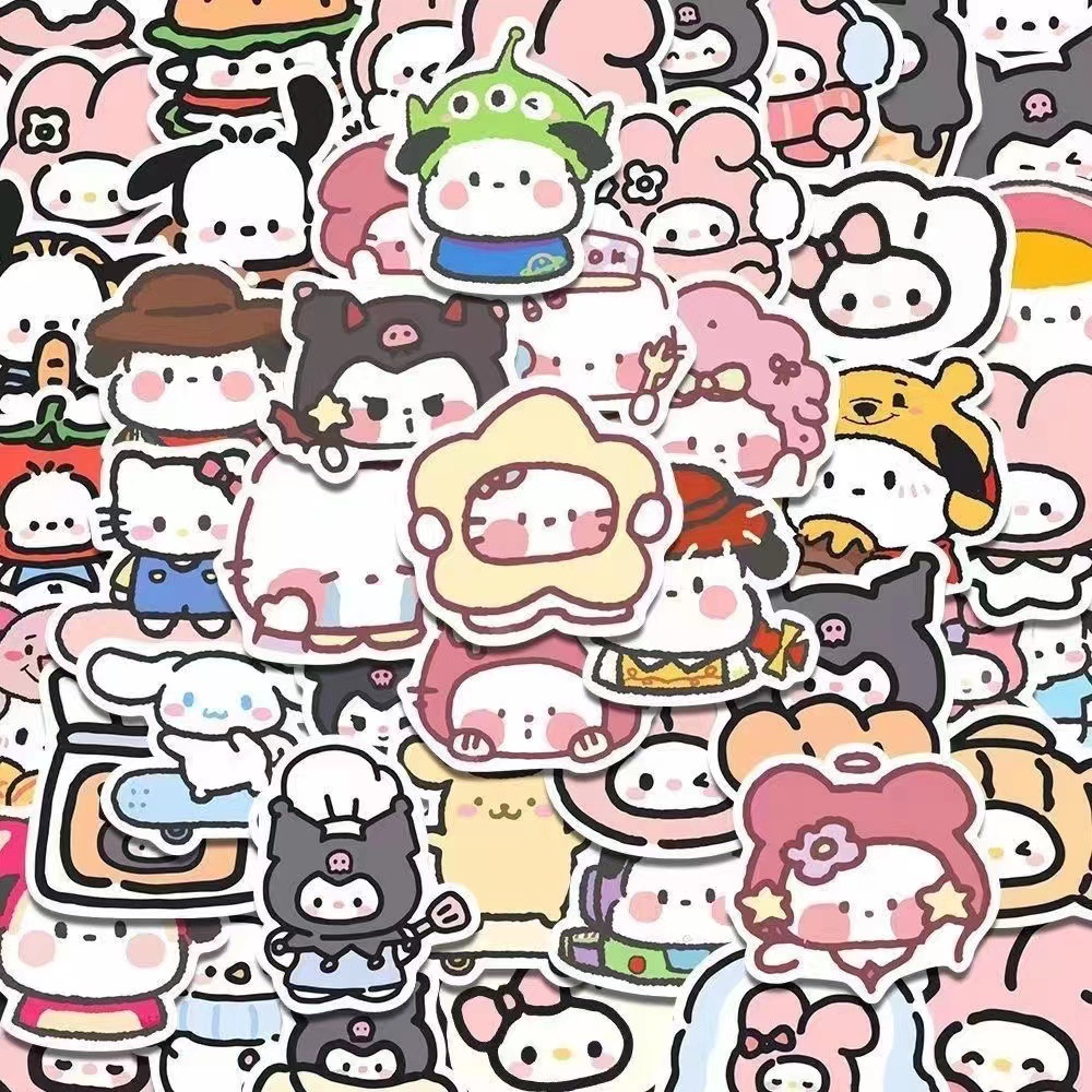 สติกเกอร์ Sanrio ภาพวาดด้วยมือ100ชิ้นสติ๊กเกอร์ตกแต่งลายการ์ตูนน่ารักสมุดโน้ตบัญชีแยกประเภทน่ารักสติกเกอร์ตกแต่งไขว้ Kuromi Cinnamoroll