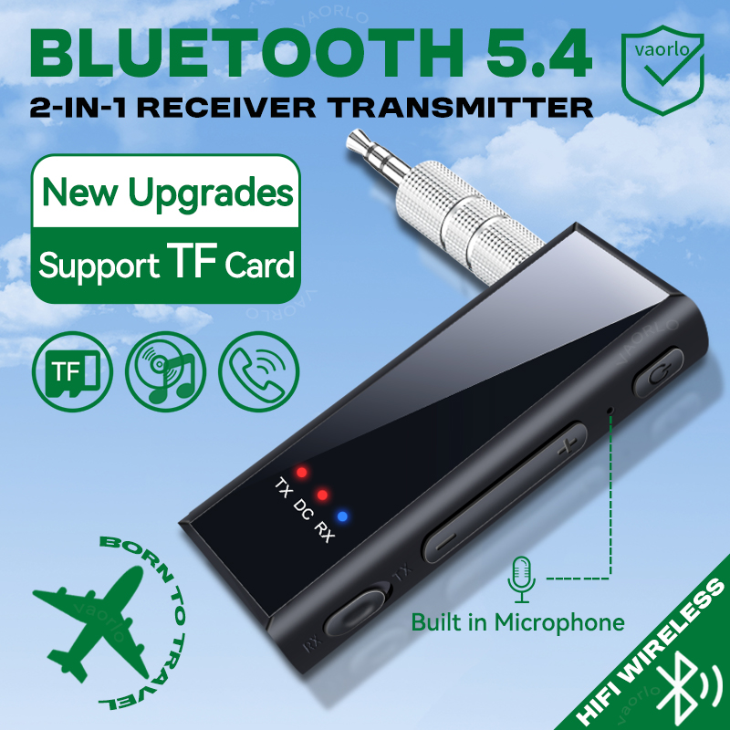 Neuer 2-in-1 Bluetooth 5.4 Audio-Sender/Empfänger 3,5 MM AUX Hifi Stereo Musik Wireless Adapter mit Mikrofonunterstützung TF-Karte Wiedergabe für Auto Flugzeug Reise TV PC Kopfhörer Lautsprecher