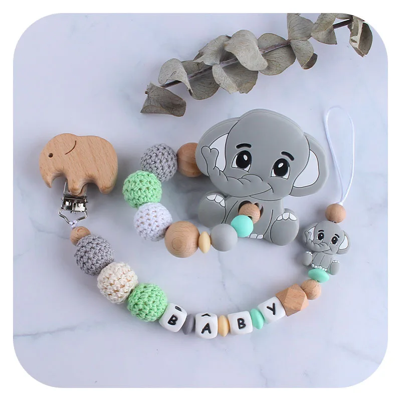 Nome personalizado clipes de chupeta do bebê dos desenhos animados da criança chupeta acessórios elefante personalizado manequim clipe recém-nascido mordedor chuveiro presente