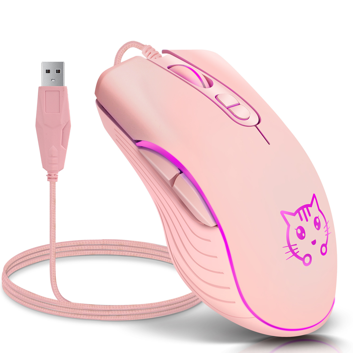 USB-Gaming-Maus mit Kabel, rosa, Computer, professionelle E-Sport-Maus, 2400 DPI, bunte, hintergrundbeleuchtete, leise Mäuse für Lol Data Laptop PC