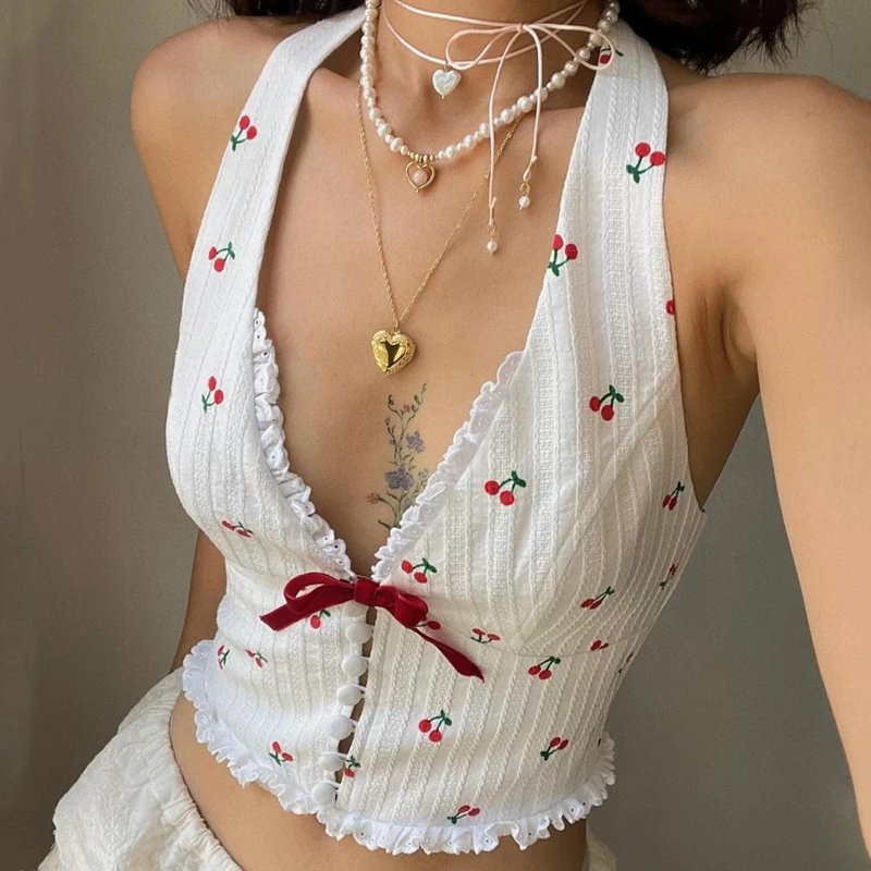 WhereMery 韓国ファッションプリントホルターキャミソールタンクトップ夏ニットスリムフィットタンクトップハイストリート通勤カジュアル婦人服