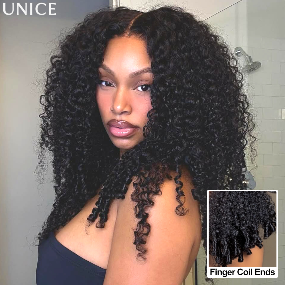 Peruca Cacheada UNice Hair 7x5 e 13x4 com Pontas Finger Coil Pré-Cortadas e Pré-Descoloridas, Peruca Sem Cola de Cabelo Humano Pronta para Usar