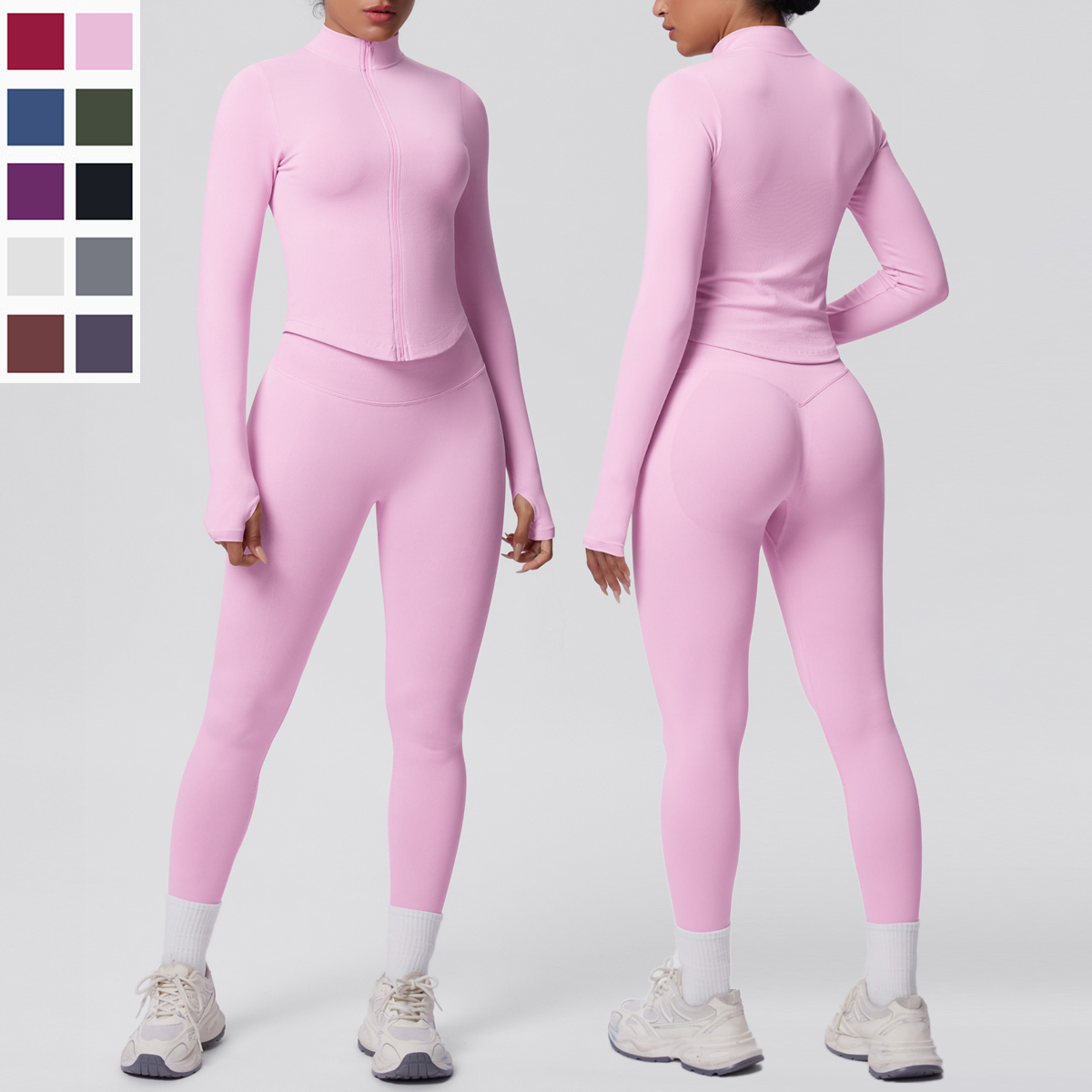 2PCS Sport Fitness Clothing Yoga Set for Women Solid Color Yoga Zipper Long Sleeves Stand Collar High Waisted Push Up Yoga Pants