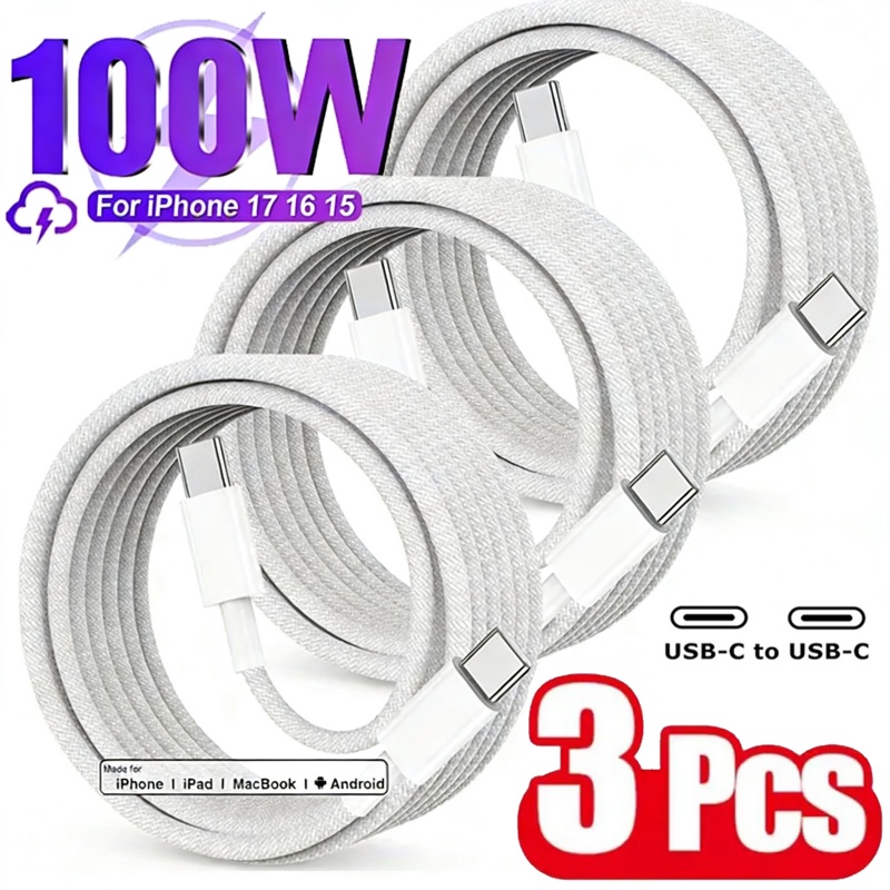 Cable de Carga Rápida (3 Piezas) Compatible con iPhone 17/16/15, Samsung, Xiaomi, Huawei, USB-C a Tipo C, Cable de Datos con Trenzado de Nailon