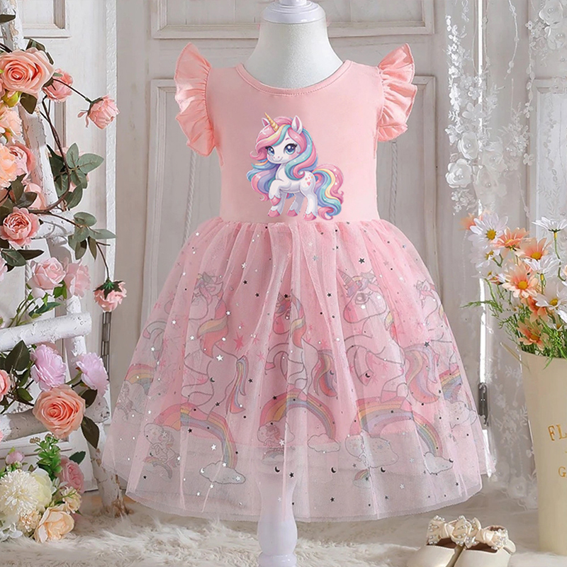 Vestido de Verão 2026 para Bebês Meninas, Lindo Vestido de Princesa de Algodão com Estampa de Unicórnio, Fantasias de Festa para Meninas, Vestidos Infantis
