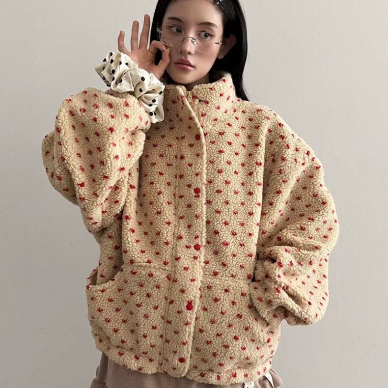 Warm Lamb Fur Jaet with Polka Dot Heart Collar Women's Cotton Coat Plu Outerwear Sli Winter Faion Ladies' Clothing
