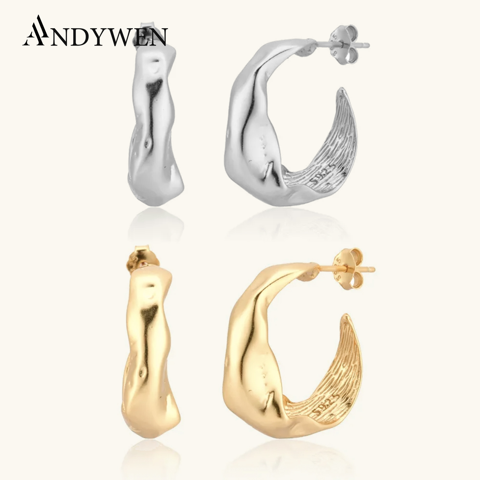ANDYWEN-Boucles d'oreilles créoles géométriques irrégulières en argent regardé 925, bijoux punk rock, mode européenne, mariage, or, 17mm, 2020