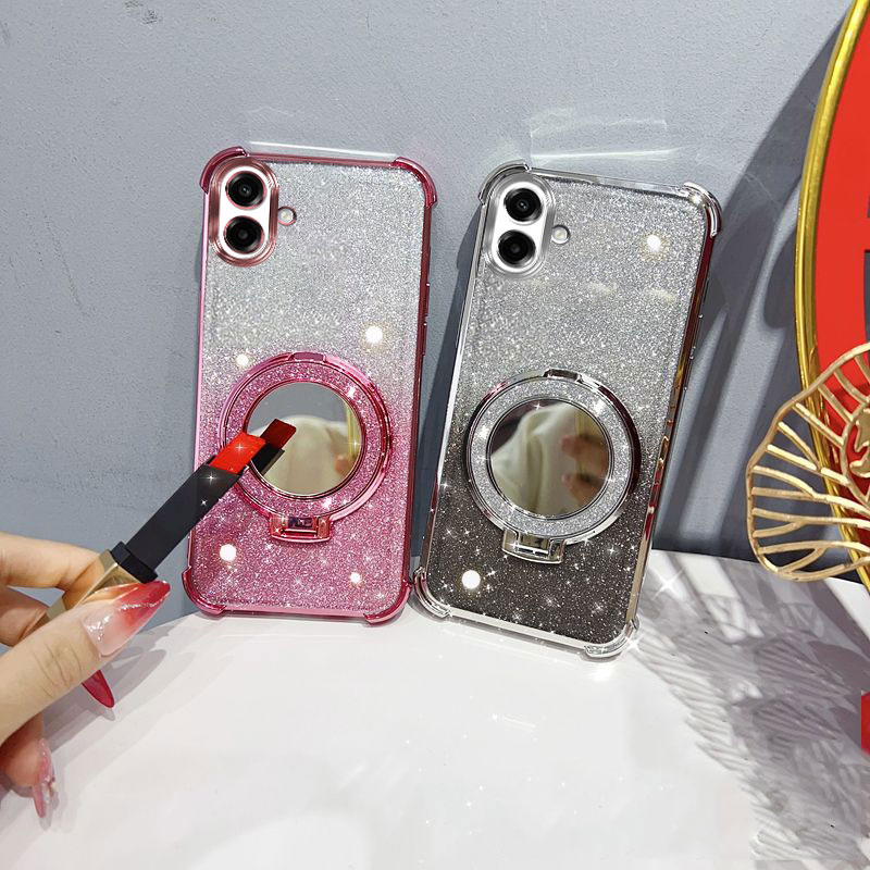 Funda de teléfono con purpurina de cuatro esquinas a prueba de golpes con soporte de espejo, correa con cuentas para Samsung Galaxy A07 4G Galaxy07 07, funda trasera