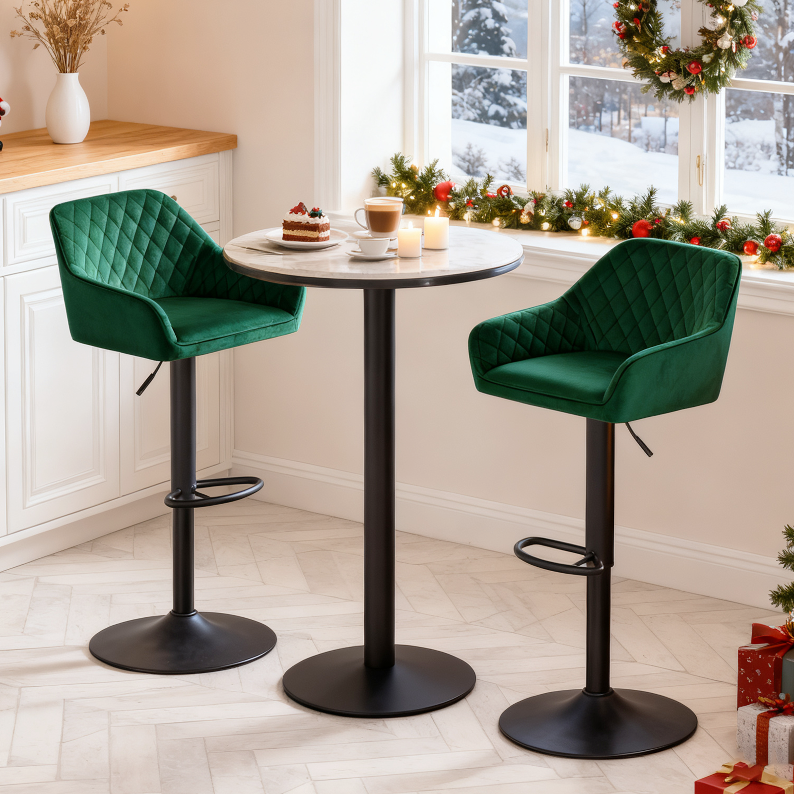 AINPECCA Bar Stools Set of 2 Velvet/PU Adjustable Swivel Gas Lift, Footrest and Base for Breakfast Bar, Counter Kitchen Chairs