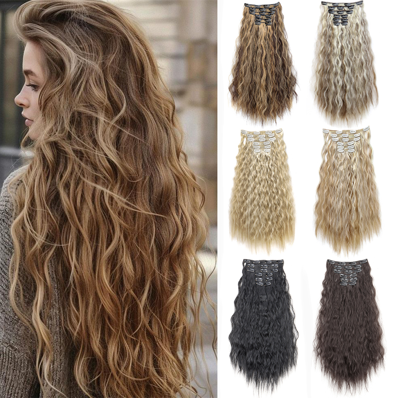 24 Polegada sintético longo kinky encaracolado clip-in extensões de cabelo para mulheres fibra de alta temperatura fofo peruca uso diário