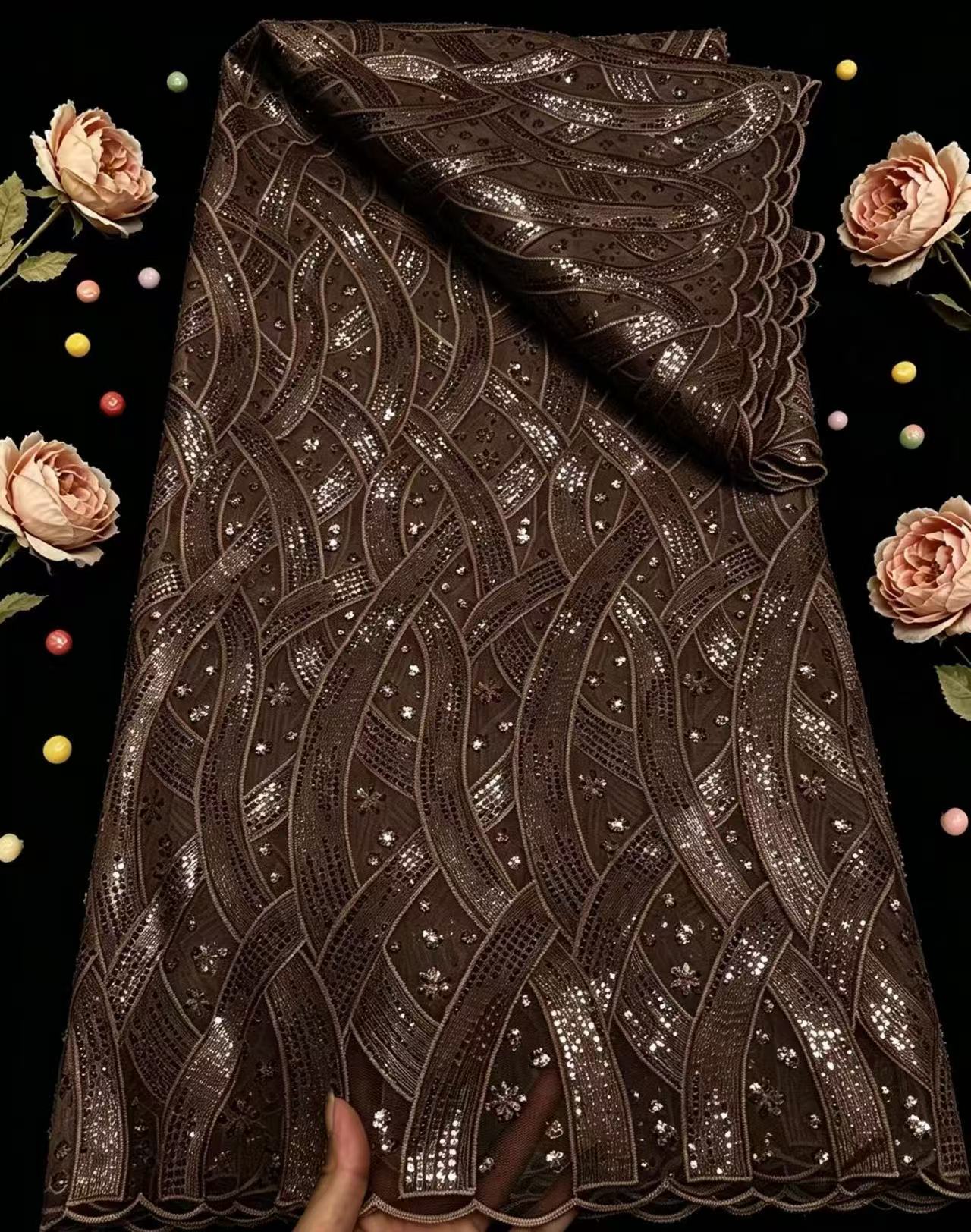 2025 Africa Nigerian High-Quality Sequins Lace Fabric for Wedding Dress Chiffon Tulle Party Guipure 5Yard Sewing Cotton