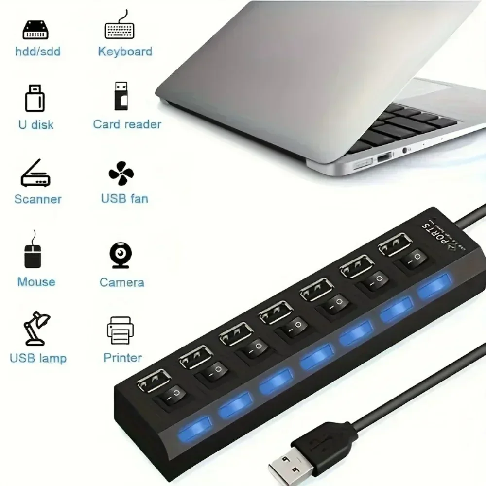 4/7 puertos LED de alta velocidad USB 2,0 Hub 5Gbps múltiples puertos USB adaptador de corriente expansor USB divisor con interruptor para ordenador portátil