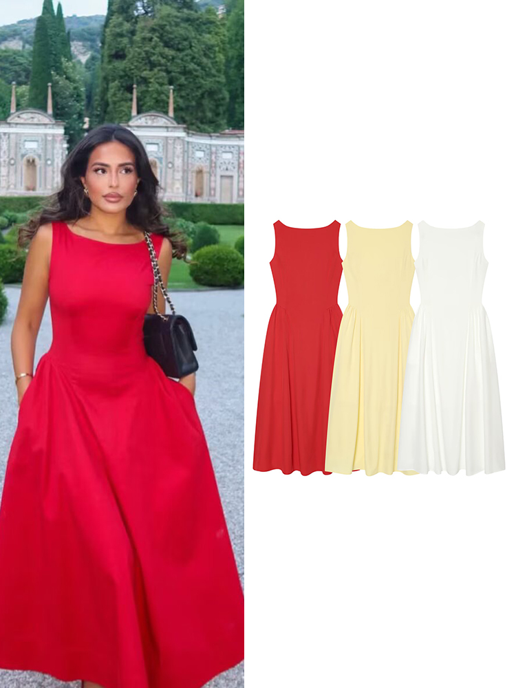 TFMLN Damen ärmelloses Midikleid, elegantes A-Linien-Kleid mit U-Boot-Ausschnitt, einfarbig, neu, lässige Sommer-Pendlerkleidung mit Taschen