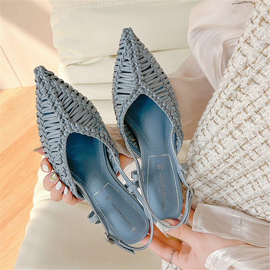 Braided Women's Sandals Summer 2025 Pointed Toe Flat Shoes Ladies Blue Hollow Out Beach Mules Gladiator Sandalias Mujer Slippers