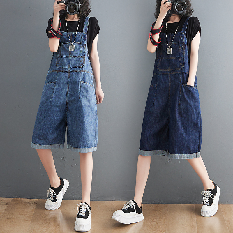 Primavera verão jean curto macacões feminino casual streetwear solto perna larga shorts denim macacão alças carga calças largas