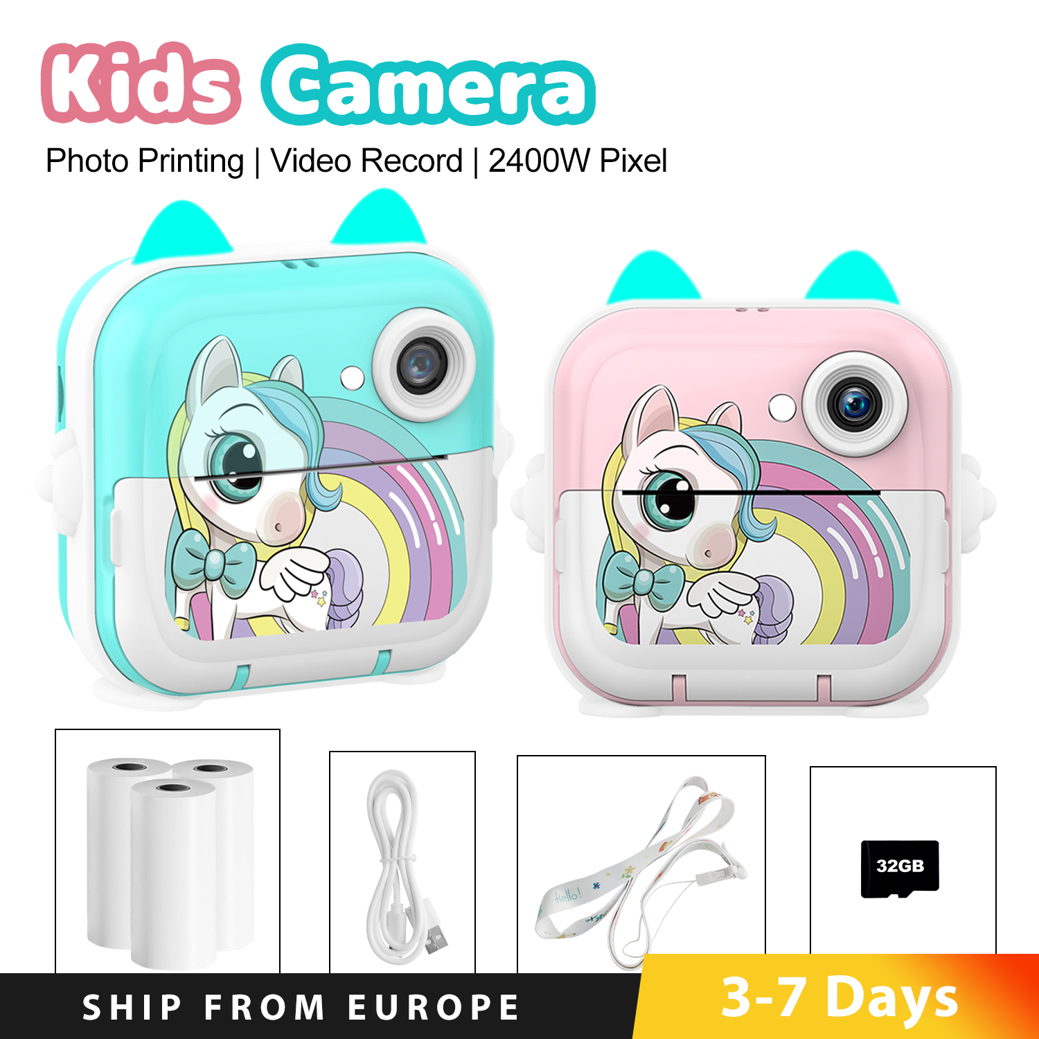 Kinder HD Digitalkamera Instant Print Fotoetikett Thermodruck Foto Video Print Kamera Spielzeug mit 32G Speicherkarte