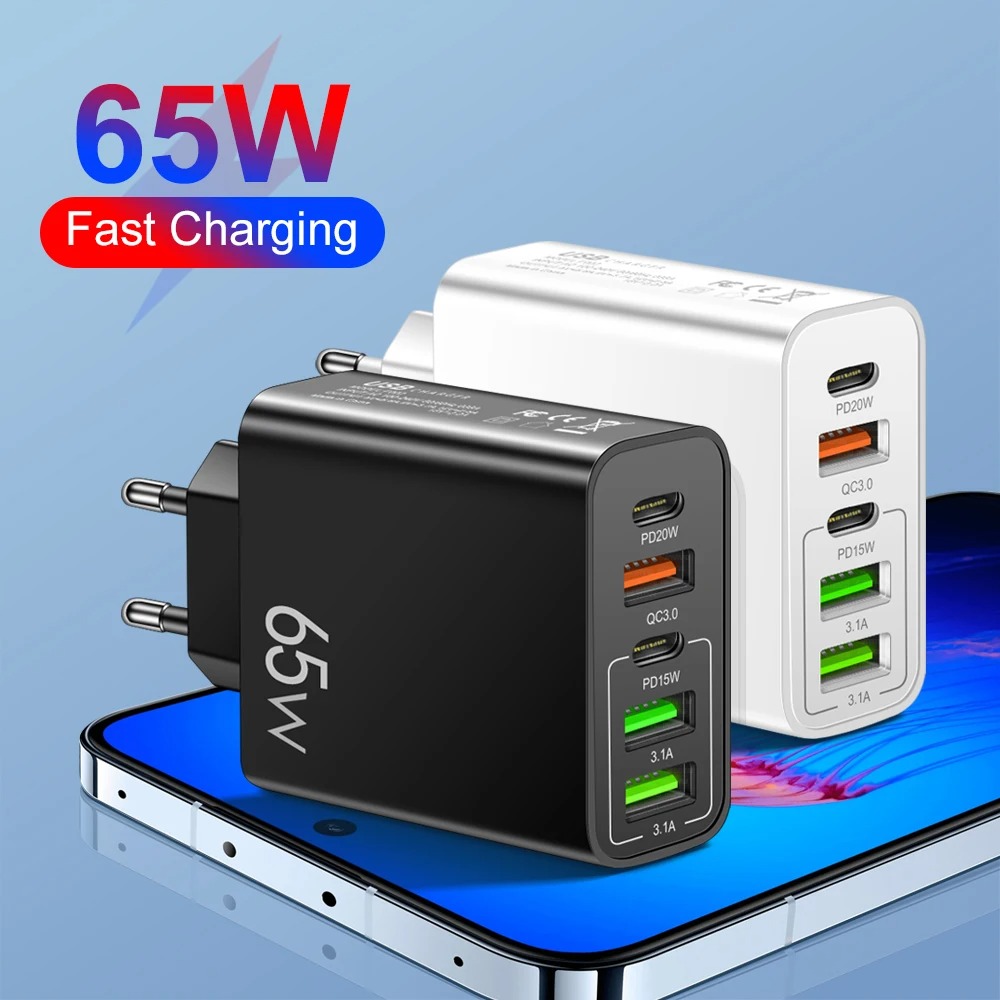 Caricatore USB C da 65 W a 5 porte Adattatore di alimentazione per caricabatterie per telefono a ricarica rapida per iPhone Samsung Xiaomi Tipo C Caricatore da muro a ricarica rapida