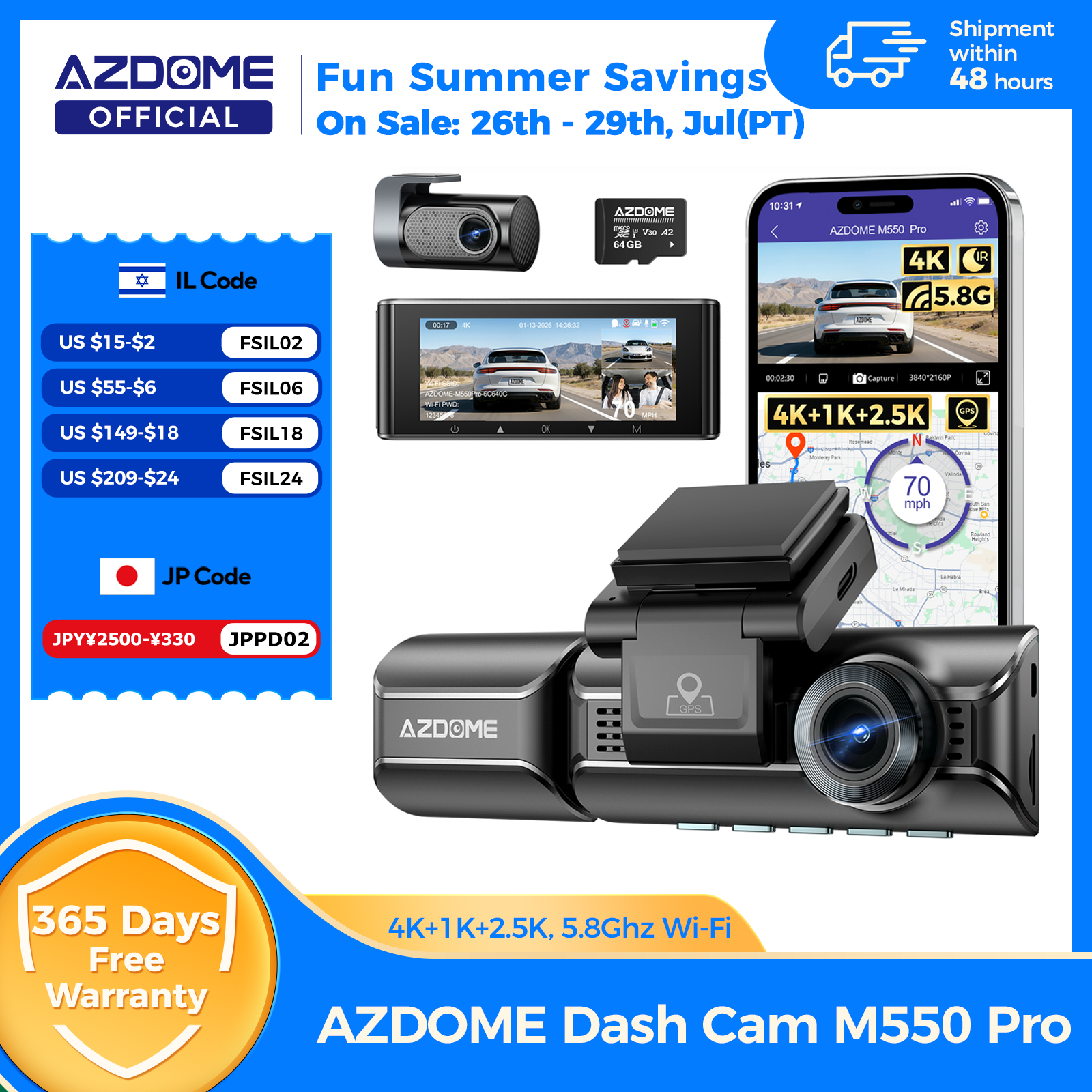 Upgrade AZDOME M550 Pro Dash Cam 4K Kamera Dasbor Depan Otomatis 5.8Ghz Wi-Fi GPS G-sensor DVR Mobil 6 IR Penglihatan Malam Monitor Parkir