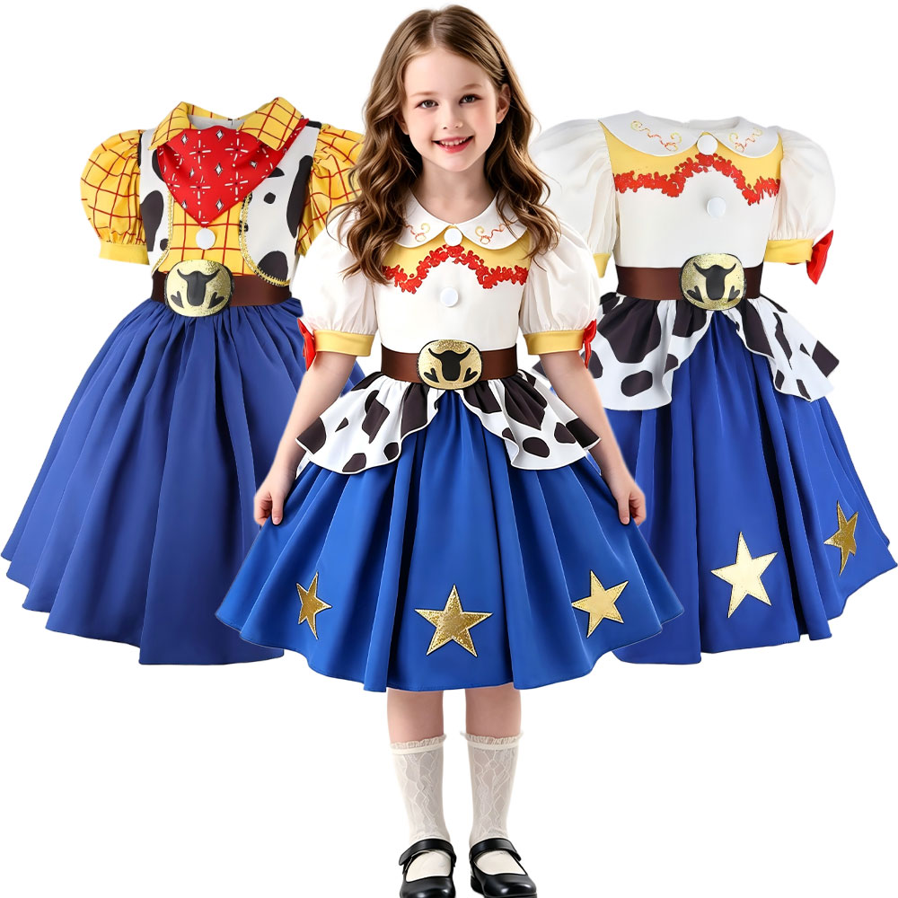 Costume Cosplay Film 2026 per Bambini, Vestito da Cowgirl Western con Maniche a Sbuffo 2-8 Anni, Abito di Halloween Woody, Abbigliamento per Feste a Tema Jessie Toy per Giochi di Ruolo