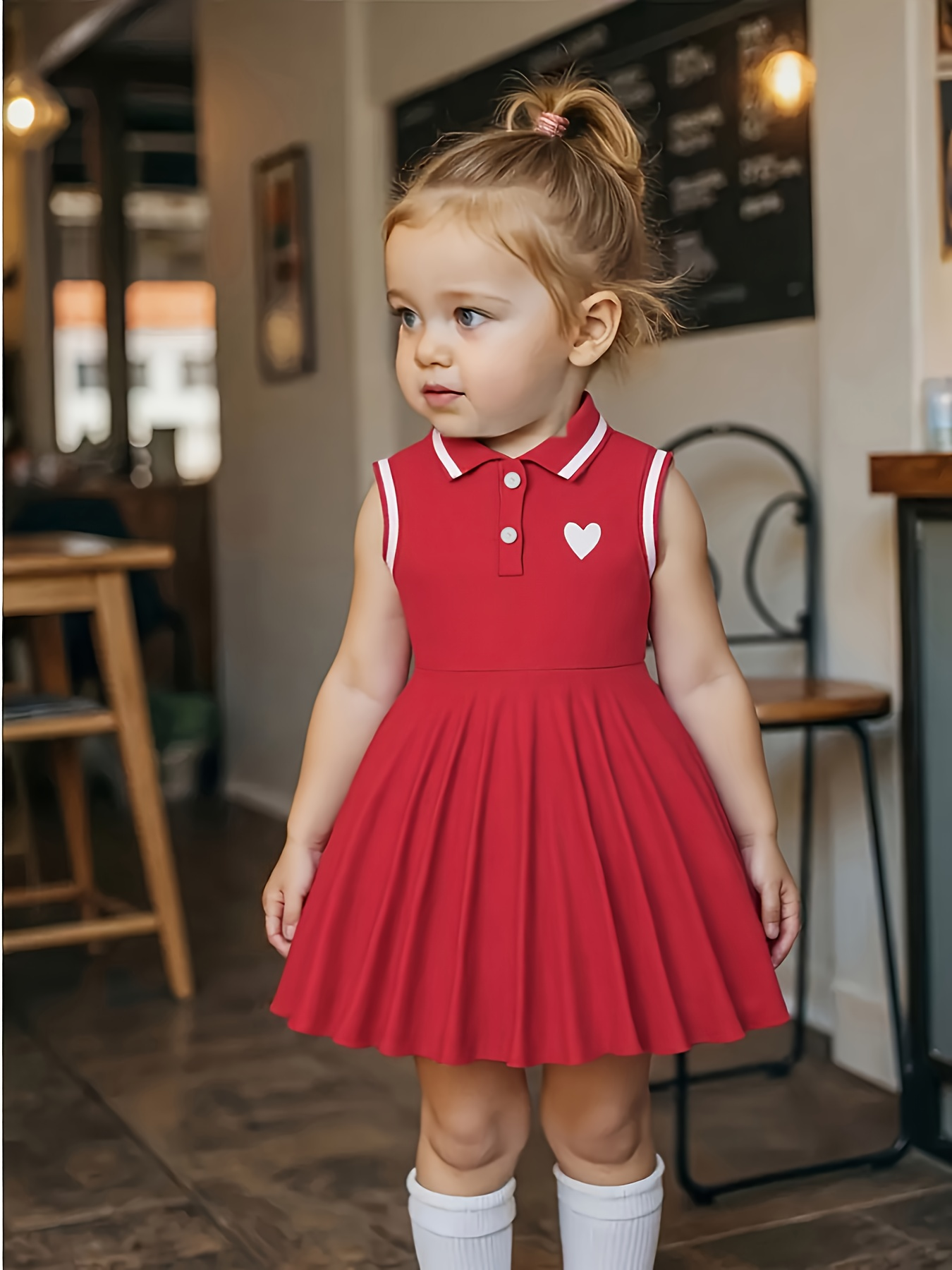Vestido vintage vermelho sem mangas com gola polo – saia plissada com detalhes em coração para meninas, roupa estilo preppy doce