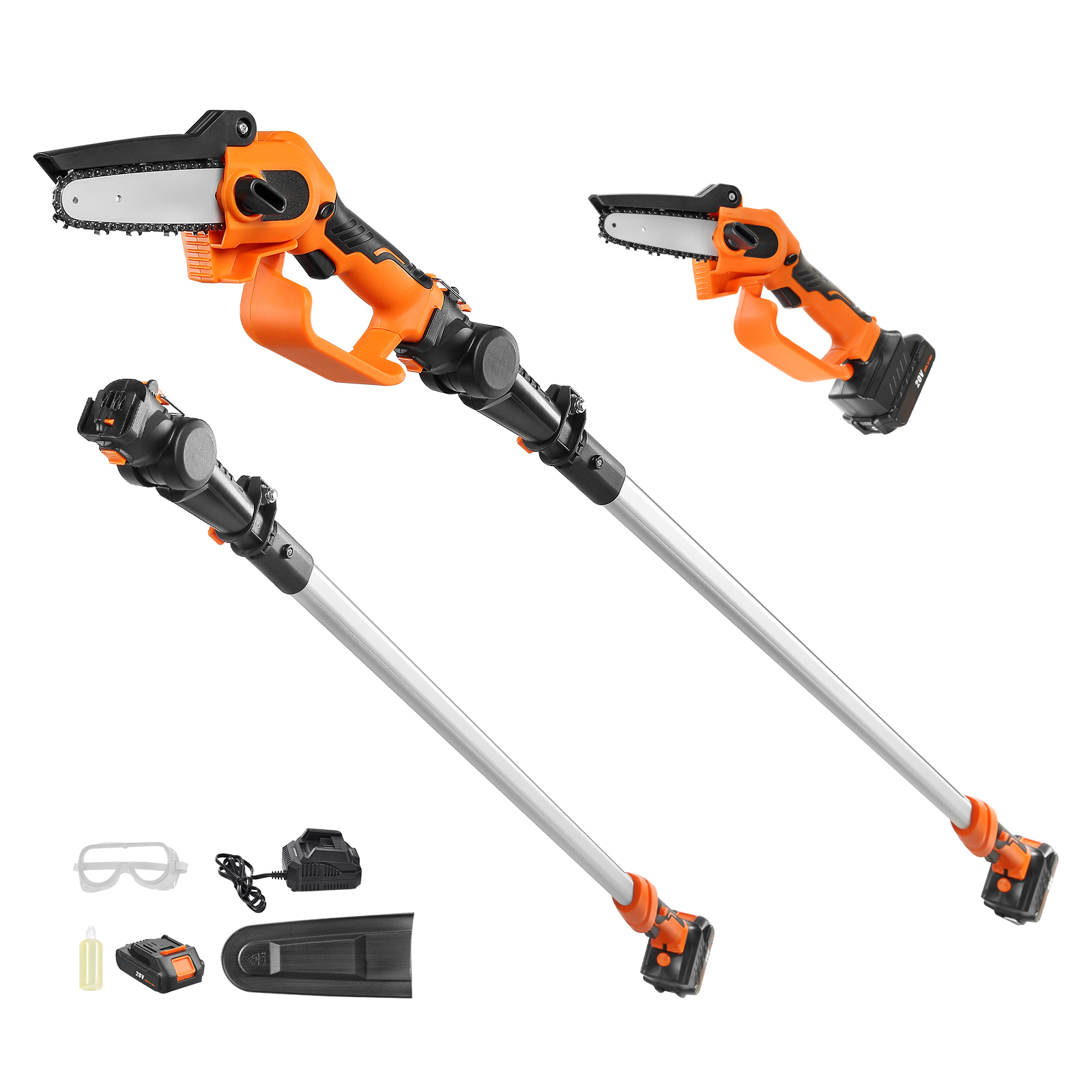 Gergaji Tiang & Gergaji Rantai Mini Tanpa Kabel SucceBuy 2-in-1 dengan Baterai 2/4Ah, Kapasitas Potong 5 inci, Jangkauan 8 kaki untuk Cabang