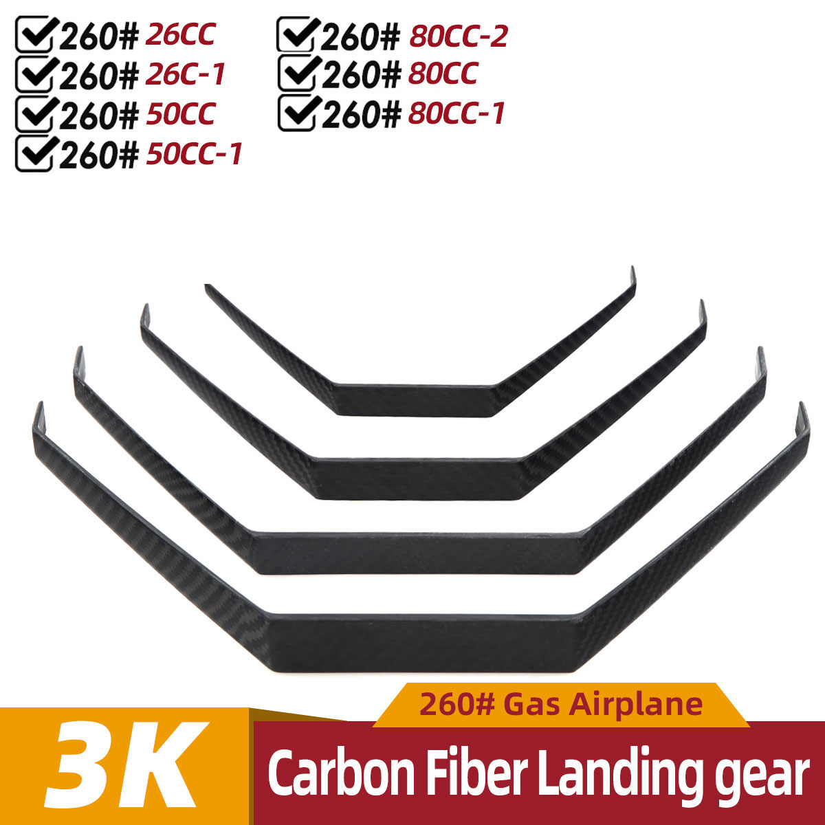 Tren de aterrizaje de fibra de carbono 26CC 50CC 80CC extra 260 #   para avión modelo de gas RC Fix Wing