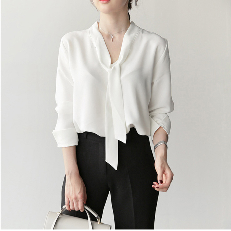 Gidyq moda donna camicia in Chiffon coreano elegante fasciatura allentata manica lunga top Casual All Match Office Ladies Pullover camicetta